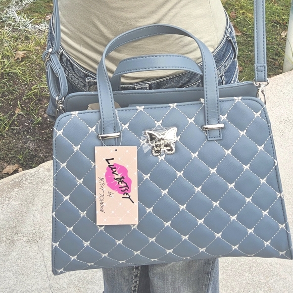 NWT DENIM n WHITE COLORED LUV BETSEY BUTTERFLY EMBROIDERED SATCHEL - Picture 7 of 7